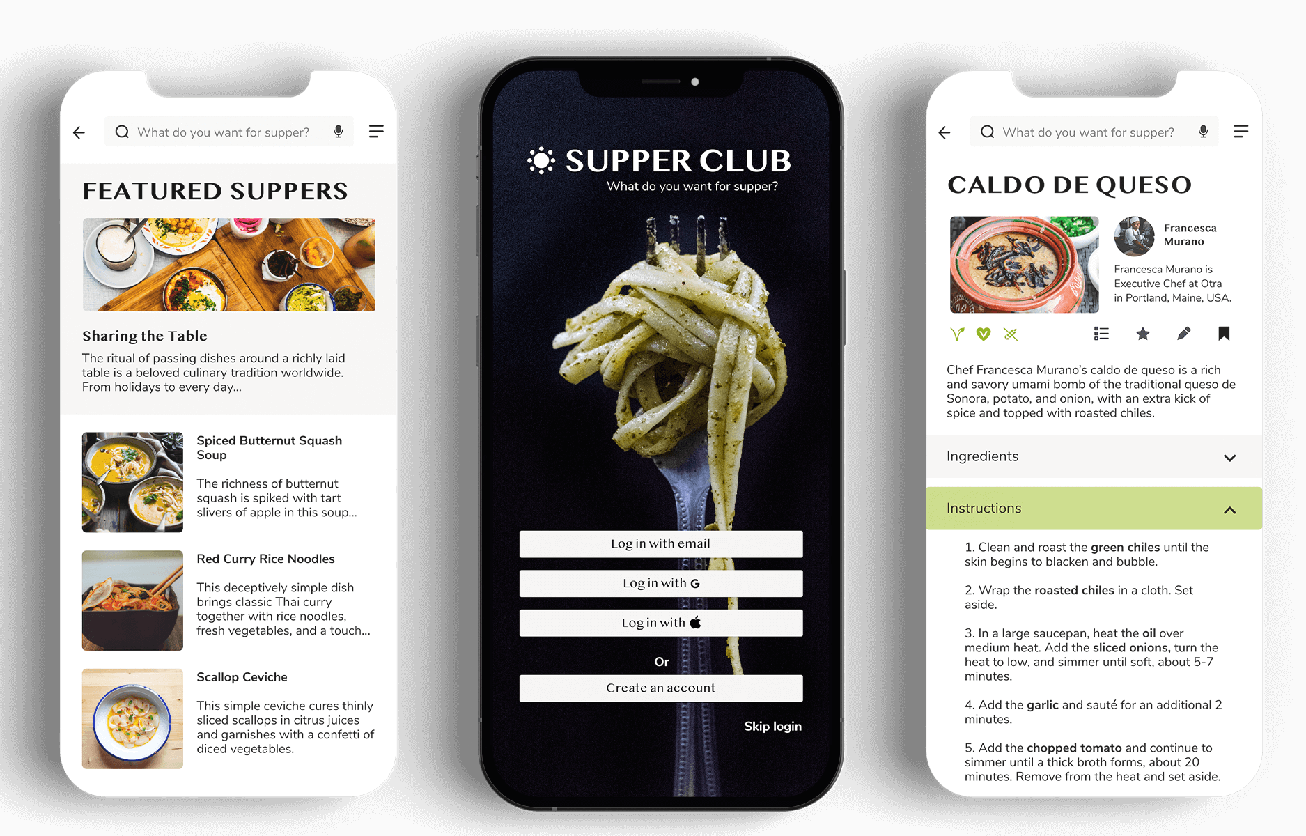 mockup of three screens from the Supper Club app design