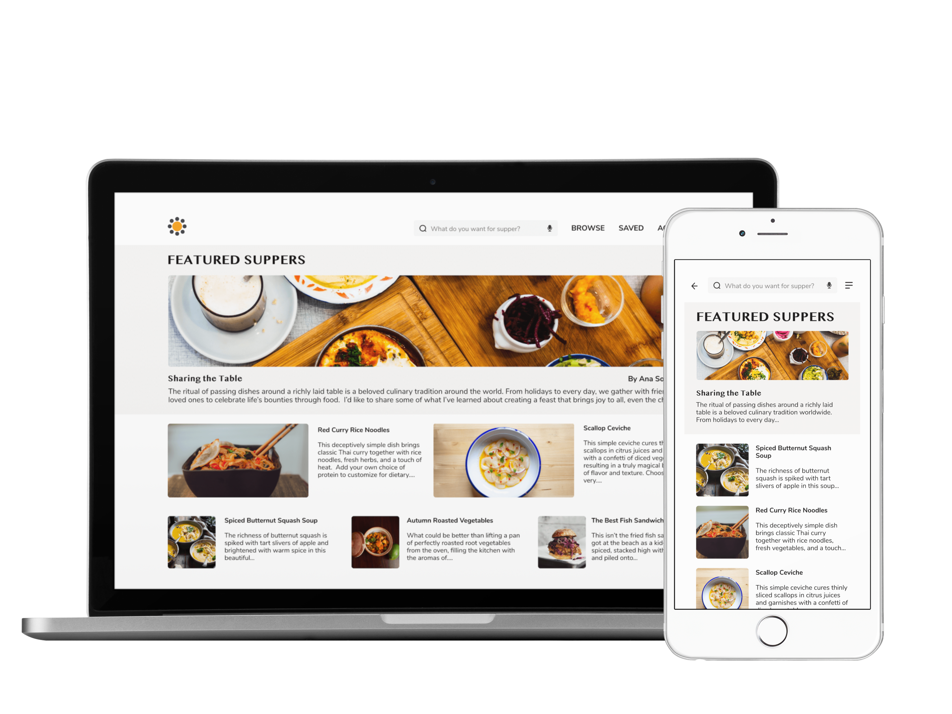 mockup of Supper Club home page on Macbook and iPhone