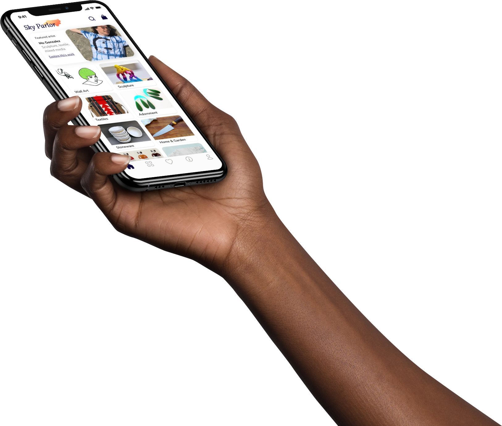 arm holding iPhone displaying Sky Parlor home screen