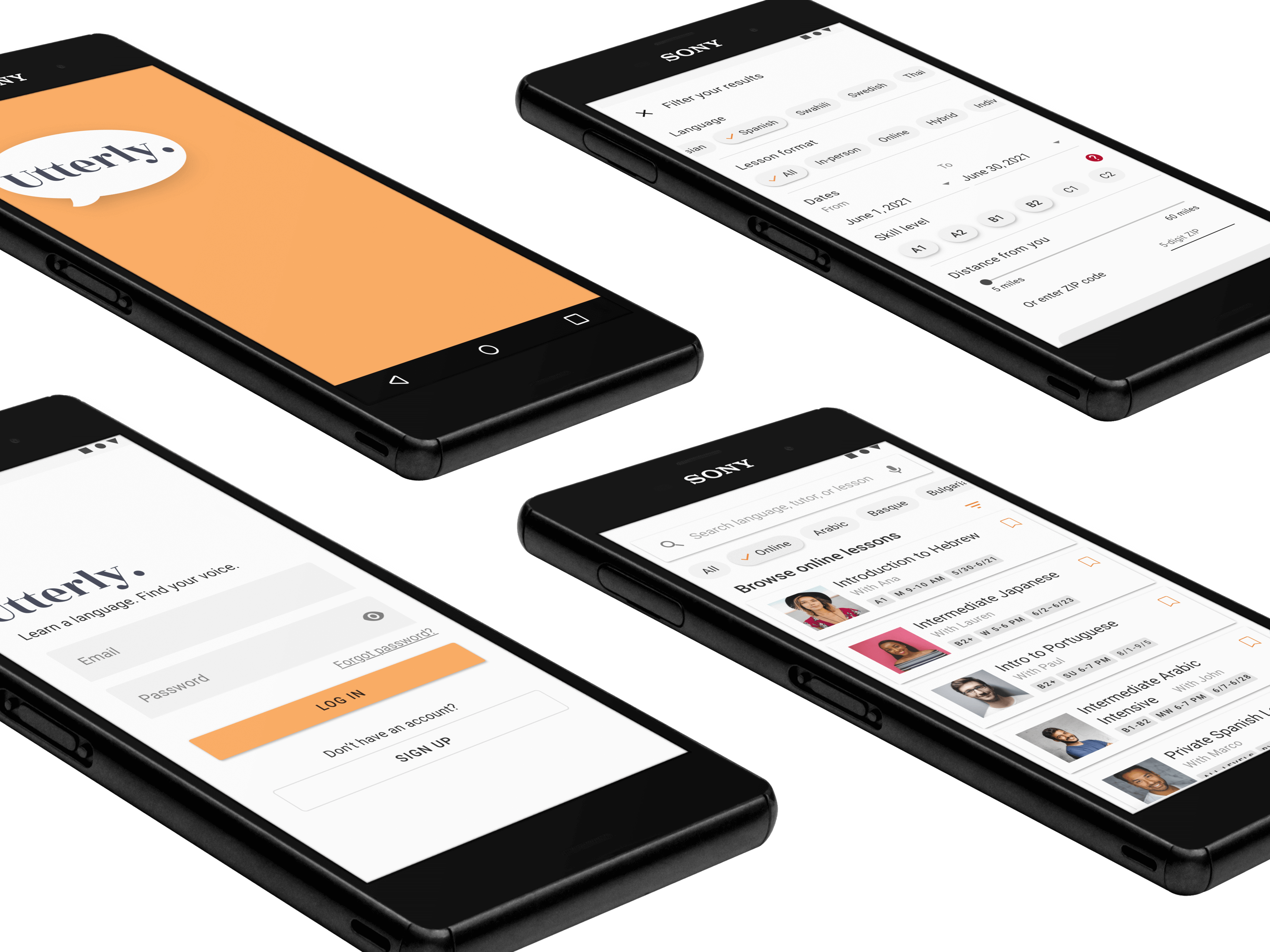 mockup of four Utterly screens on Android phones