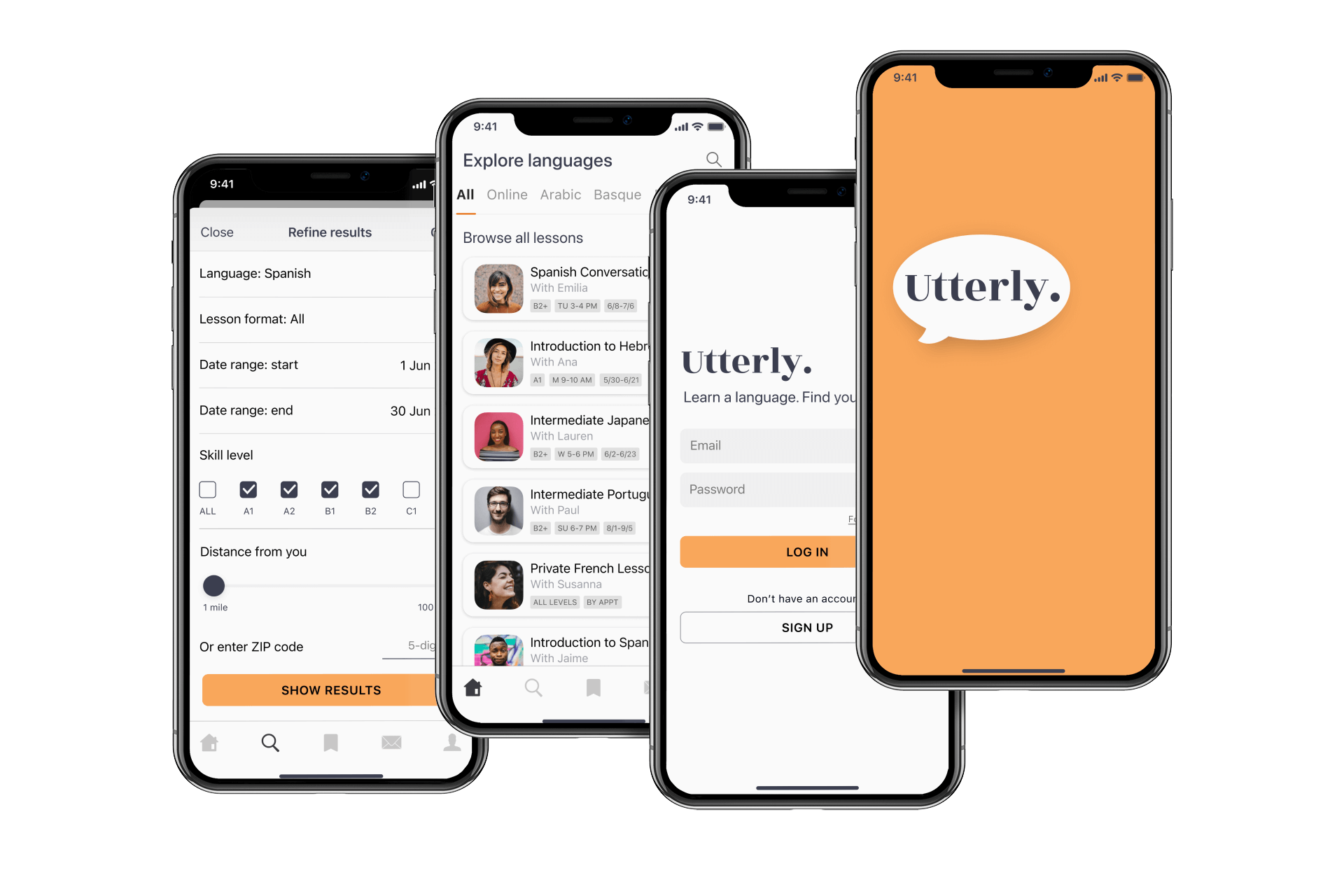 mockup of four Utterly screens on iPhone